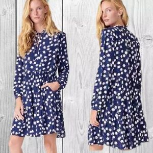J Crew Navy Blue Tiered Tie Neck Dress in Scattered Peony Floral